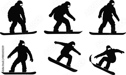 Six snowboarder silhouettes performing dynamic freestyle tricks representing winter sports action extreme snowboarding poses isolated on white background vector illustration design