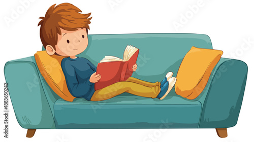 Young Boy Reading Book on Sofa Vector Illustration