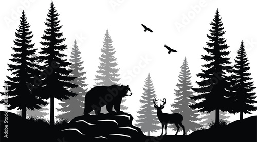 Wildlife silhouettes of bear and deer in pine forest landscape with flying birds, nature wilderness illustration isolated on white background