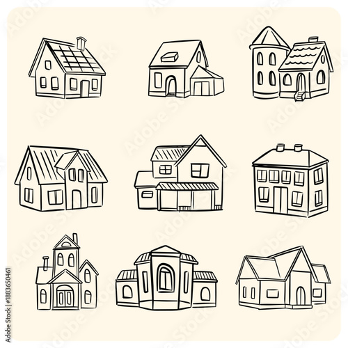 Collection of Hand Drawn House Illustrations in Simple Line Art Style