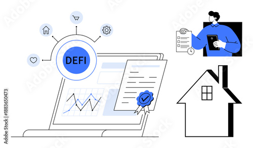 Banking innovation, blockchain, real estate, fintech, contract validation, digital asset management. Laptop with DeFi symbol, documents home icon. Blockchain and real estate finance concept