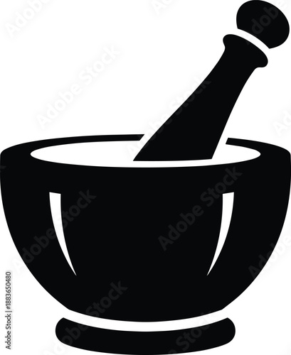 Minimal vector silhouette, vintage apothecary mortar and pestle with rounded bowl and pestle resting inside, solid black, isolated on white.