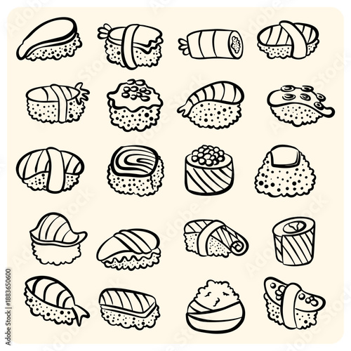 Japanese Sushi and Onigiri Doodle Set Asian Cuisine Illustrations