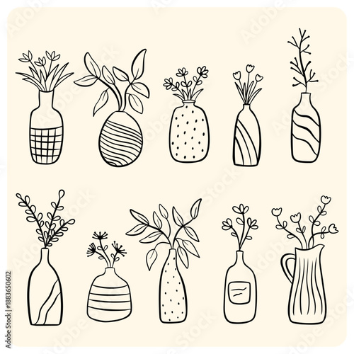 Minimalist Line Art Illustration of Various Flower Vases and Botanical Stems