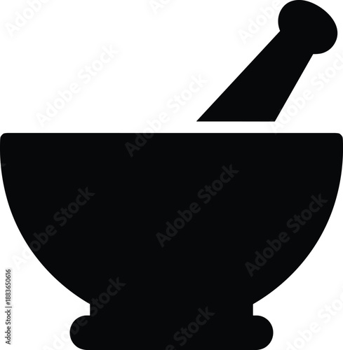 Minimal vector silhouette, vintage apothecary mortar and pestle with rounded bowl and pestle resting inside, solid black, isolated on white.