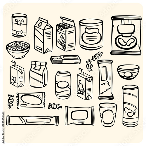 Packaged Food Snacks and Drinks Grocery Doodle Set