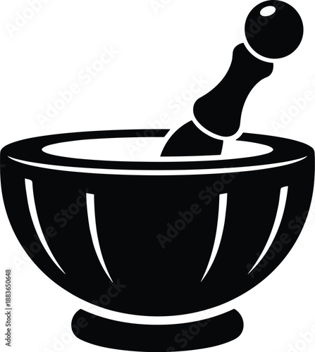 Minimal vector silhouette, vintage apothecary mortar and pestle with rounded bowl and pestle resting inside, solid black, isolated on white.