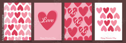 Valentine's Day sales promotion card set, Valentine greeting posters with heart pattern and love lettering, pink backgrounds, centered hearts, vector for banners, invitation cards, social media.