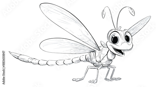 Playful Cartoon Dragonfly in Pose and Smiling Vector with Outline Isolated