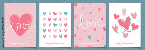 Valentine's Day card set with pink hearts and love lettering, pastel pink and white backgrounds with teal accents, heart patterns centered design, Valentines templates vector for cards, banners, ad