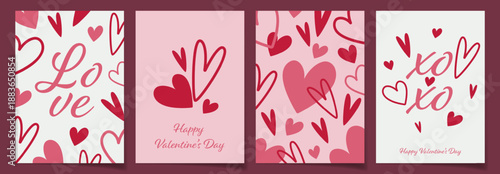 Valentine's Day card set on pink and white background, heart patterns with centered hearts, love and xo lettering, Valentines Day greeting templates vector for cards, banners, posters, sale promotion.