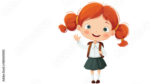 Cheerful Cartoon Little Schoolgirl Waving Vector Illustration Isolated on White Background
