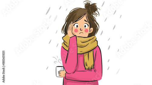Cute Cartoon Girl with Fever and Thermometer Vector Illustration