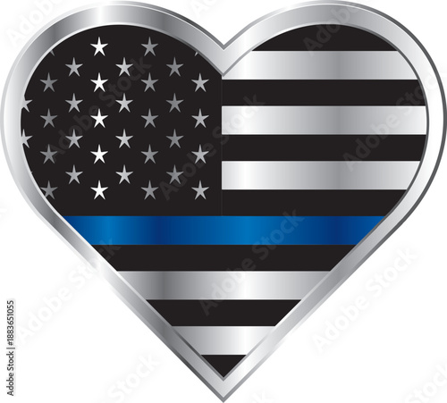 Metal Police badge in heart shape with the USA flag inside and thin blue line to support police officers during police week. Police wife 