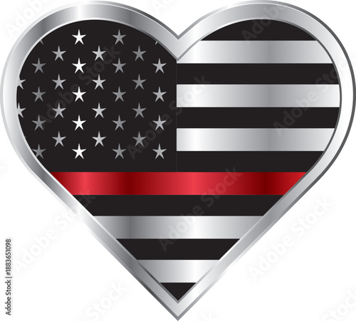 Metal firefighter badge in heart shape with the USA flag inside and thin red line to support firefighters. Firefighter wife 