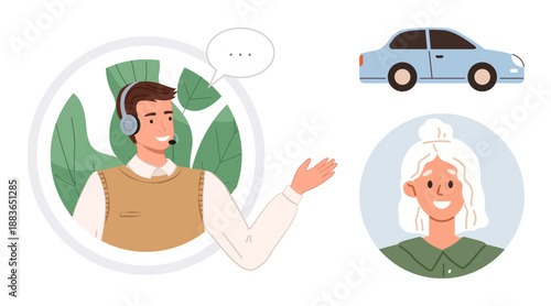 Customer service, communication, car rental, support call, client interaction, online services. A man wearing a headset talking, a smiling woman and a car. Customer service and communication
