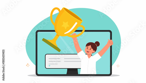 Winner Holding Award On Screen Illustration