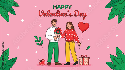 Illustration of a man and woman celebrating Valentine's Day with gifts and flowers on a pink background with green leaves and heart decorations.