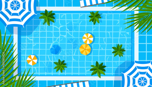 Summer Pool Scene with Umbrellas and Palm Trees