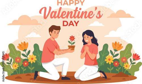 A romantic couple celebrates Valentine's Day with flowers and a tender moment in a colorful garden setting with a whimsical illustration style and warm tones.