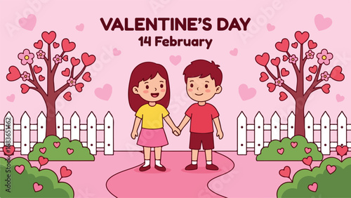 Cartoon illustration of a smiling couple holding hands on a pink path surrounded by trees, hearts, and a white picket fence on Valentine's Day.