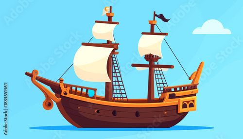 Cartoon pirate ship sailing on the sea