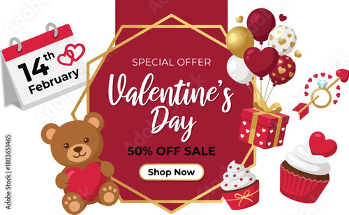 Graphic design for a Valentine's Day sale with a teddy bear, cupcakes, and heart-shaped balloons on a colorful background.