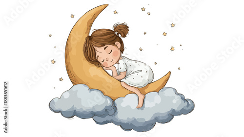 Dreamy Illustration of Cute Little Girl Sleeping on Moon in Vector with Outline Isolate