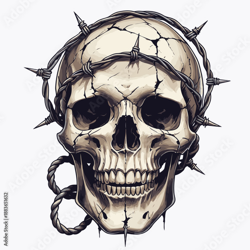 vector image of a skull wrapped in barbed wire