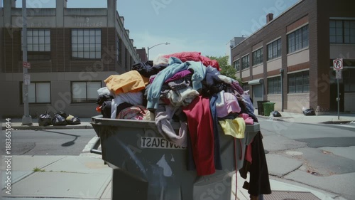 Overflowing garbage bin with colorful clothes in urban alley street scene