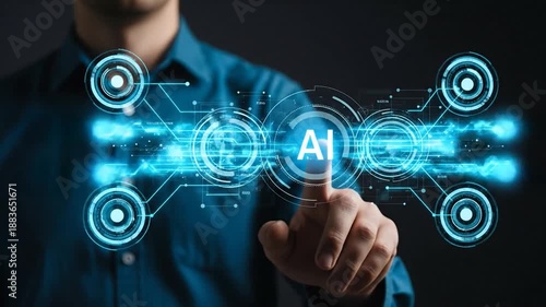 Human Hand Interacting with Abstract Futuristic AI Interface