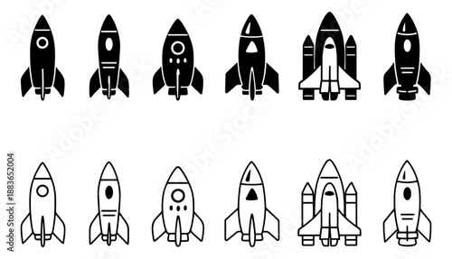 Minimalist rocket and spaceship icon set featuring solid and outline designs for science, technology, and children's projects