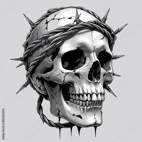 vector image of a skull wrapped in barbed wire