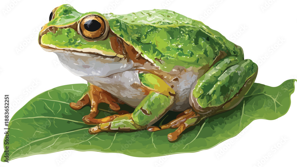Obraz premium Vibrant Green Frog Sitting on Leaf with Outline Vector Isolated on White Background