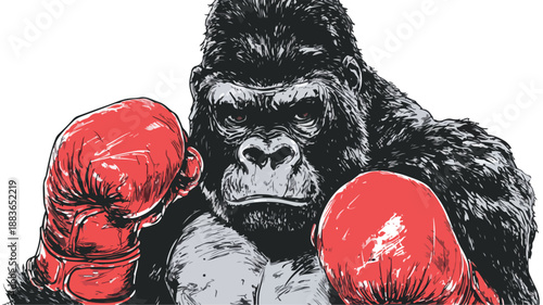 Strong Gorilla Cartoon Boxing Vector with Outline, Isolated on White