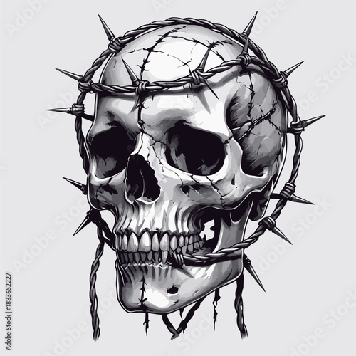vector image of a skull wrapped in barbed wire