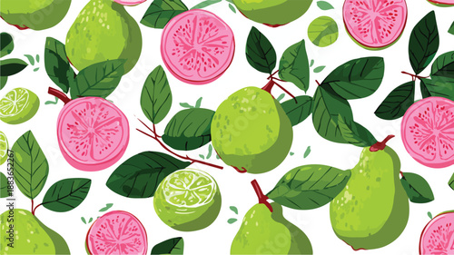 Vibrant Guava Fruit Seamless Pattern Vector Art and Illustration