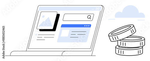 Online business, e-commerce, finance, search engine, marketing strategy, technology. Minimal laptop display with search results and a stack of coins. E-commerce and finance concept