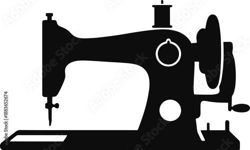 Minimal vector silhouette, vintage sewing machine with thread spool on top, solid black, isolated on white.