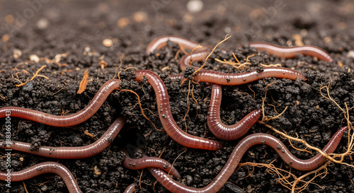 Worms crawling in rich soil with roots and natural textures  