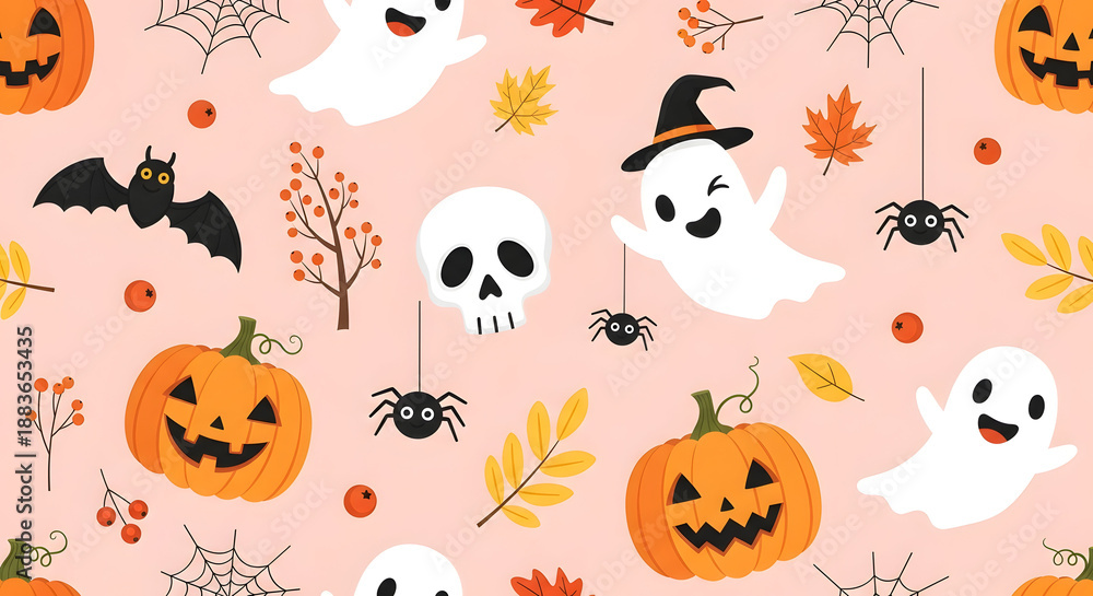 Fototapeta premium Halloween themed seamless pattern with ghosts pumpkins and spiders on pink background