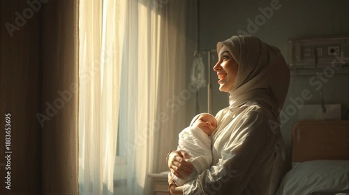 Palestinian Mother Holding Newborn During Ramadan, Symbol of Faith, Hope, Motherhood Strength and New Life