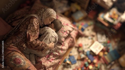 Muslim Mother Comforting Sleeping Child in Modest Home, Humanitarian Cinematic Scene of Love, Hardship, Protection, and Hope