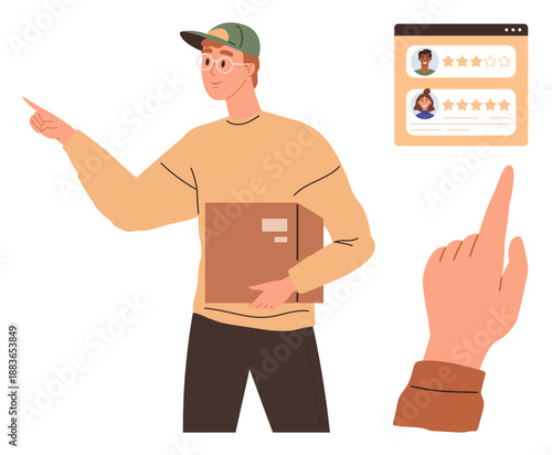 Delivery services, customer reviews, online feedback, user experience, logistics, e-commerce. Young man holding a package and pointing to a digital display of customer reviews. Delivery services