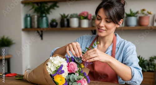 A woman with a smile finishes wrapping a bouquet in craft paper in the work area of ​​a flower shop.