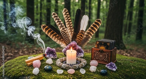 Spiritual altar with candles, feathers, and crystals in forest setting  