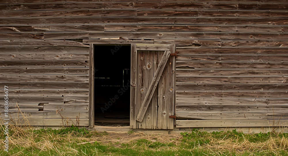 Naklejka premium Old wooden barn with open door and diagonal plank rustic