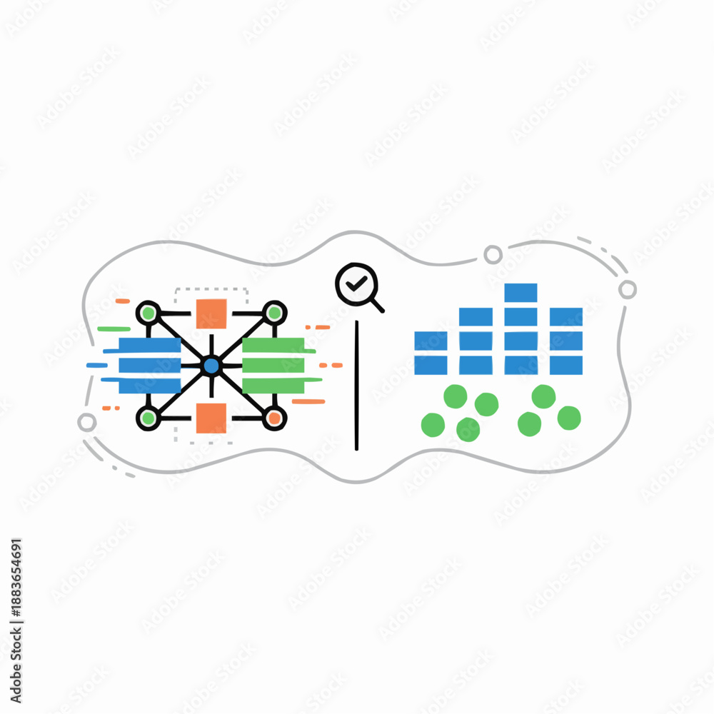 Obraz premium A vector graphic illustration of a flowchart and database design with a magnifying glass icon