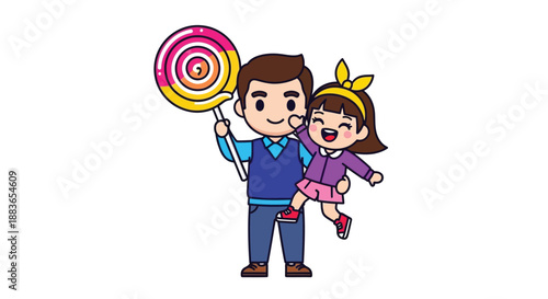 A cheerful cartoon illustration of a man and a little girl holding a large lollipop against a clean white background with colorful tones.