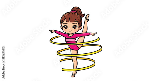 A cartoon girl in a pink outfit playfully spinning a yellow hula hoop around her body with a lively and carefree mood against a clean white background.